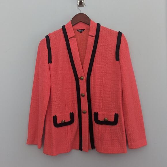 Misook Neon Pink Orange with Black Tweed Fringe Blazer Small - Picture 1 of 8